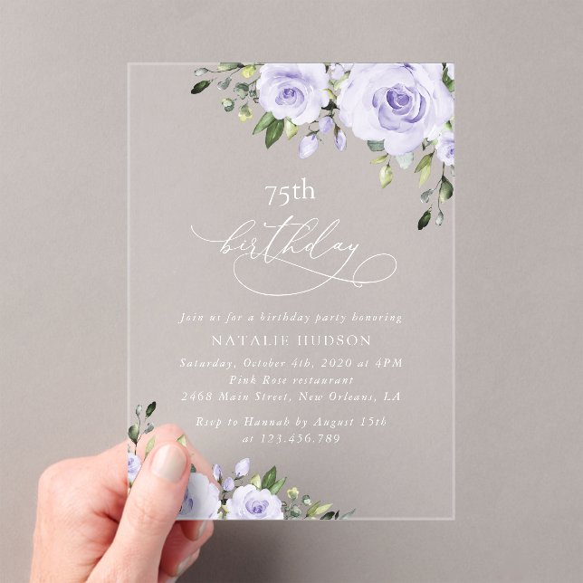 Invitaciones Acrílicas Flores púrpuras, flores de lila, Boho, Cumpleaños (Insitu (portátil))