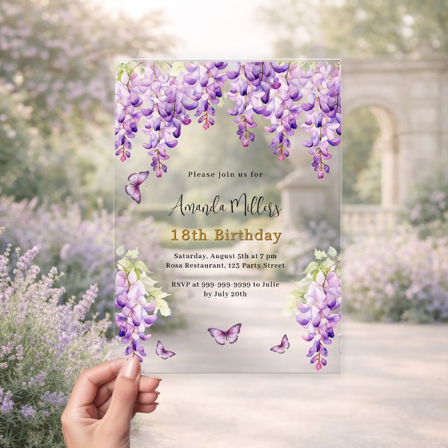 Invitaciones Acrílicas Flores púrpuras glúteos mariposas aclarar cumpleañ (Subido por el creador)