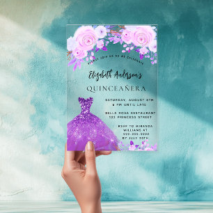 Invitaciones Acrílicas Flores púrpuras rosadas de Quinceanera se visten d