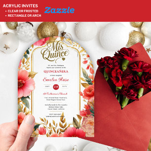 Invitaciones Acrílicas Flores Quinceañera Red Gold Mis Rosas Quince