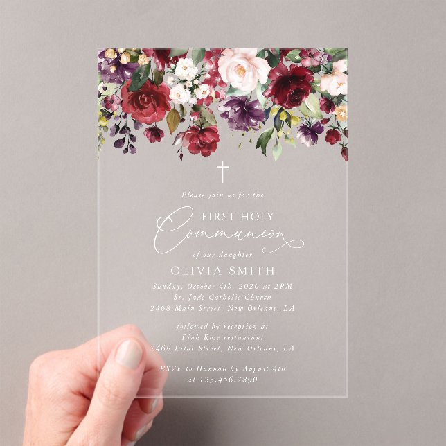Invitaciones Acrílicas Flores rojas, flores rosadas, Primera Comunión (Insitu (portátil))