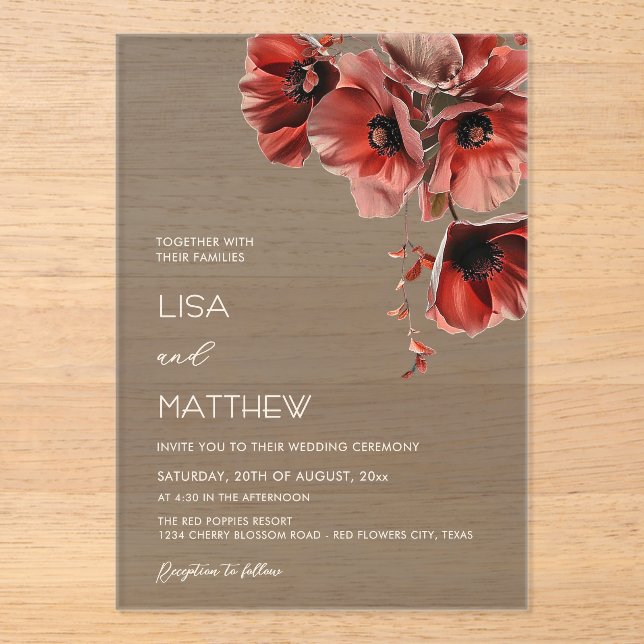 Invitaciones Acrílicas Flores rojas oscuras elegantes (Anverso)