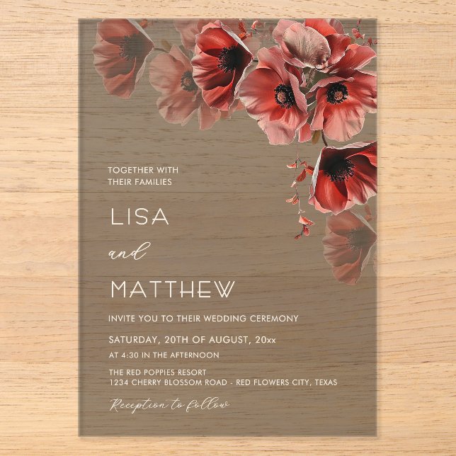 Invitaciones Acrílicas Flores rojas oscuras y elegantes (Anverso)