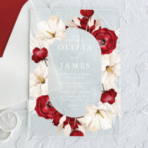 Invitaciones Acrílicas Flores Rojas y Blancas Maravillosas Boda Hermosa