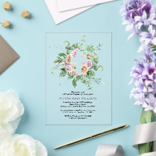 Invitaciones Acrílicas Flores románticas y niña con cruz blanca Bautizo