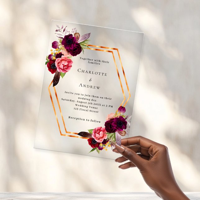 Invitaciones Acrílicas Flores rosa borgoñona boda de boho geométrico oro (Subido por el creador)