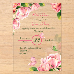 Invitaciones Acrílicas flores rosa caliente hojas verdes mariposas boda
