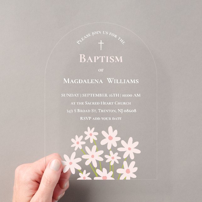 Invitaciones Acrílicas flores rosa pálido Bautizo (Insitu (portátil))