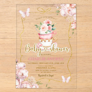 Invitaciones Acrílicas Flores Rosa Rubor Mariposa Fiesta del Té Baby Show