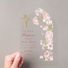 Invitaciones Acrílicas Flores Rosadas Arco Bautizo