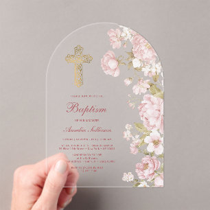 Invitaciones Acrílicas Flores Rosadas Arco Bautizo