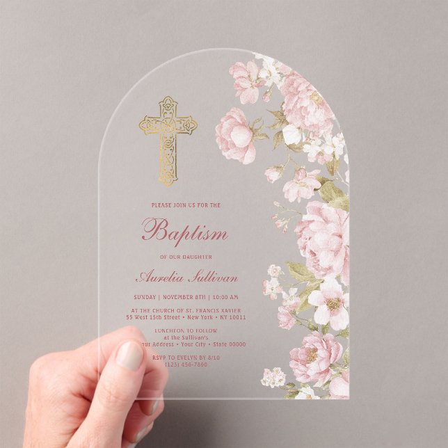 Invitaciones Acrílicas Flores Rosadas Arco Bautizo (Insitu (portátil))