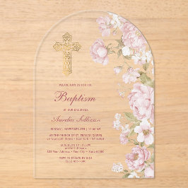 Invitaciones Acrílicas Flores Rosadas Arco Bautizo
