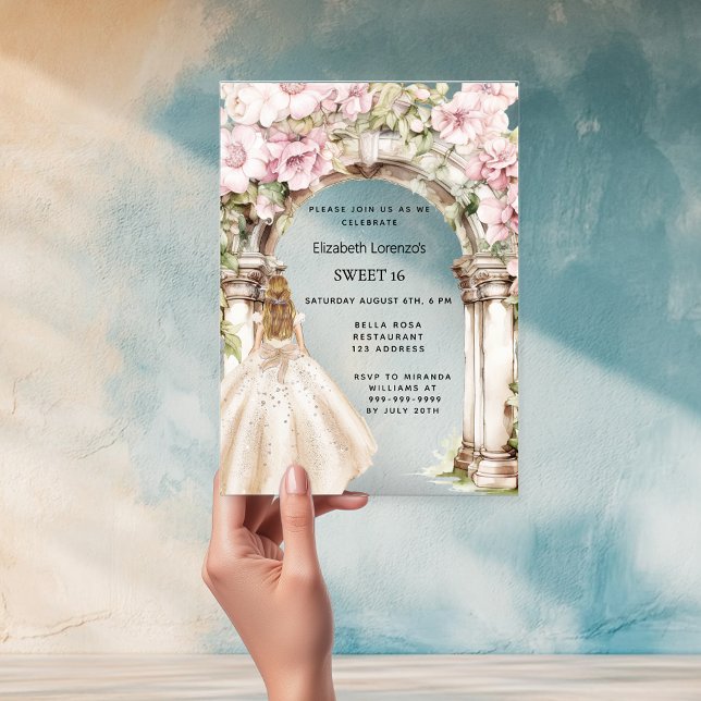 Invitaciones Acrílicas Flores rosadas arcos blanco vestido transparente D (Subido por el creador)