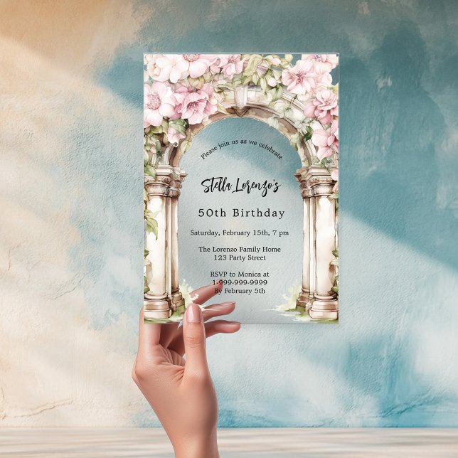 Invitaciones Acrílicas Flores rosadas arquean beige claro cumpleaños (Subido por el creador)