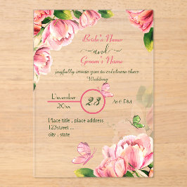Invitaciones Acrílicas flores rosadas calientes hojas verdes mariposas bo