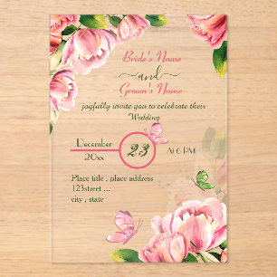 Invitaciones Acrílicas flores rosadas calientes hojas verdes mariposas bo