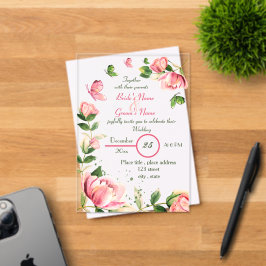 Invitaciones Acrílicas flores rosadas calientes hojas verdes mariposas bo