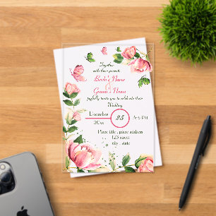 Invitaciones Acrílicas flores rosadas calientes hojas verdes mariposas bo
