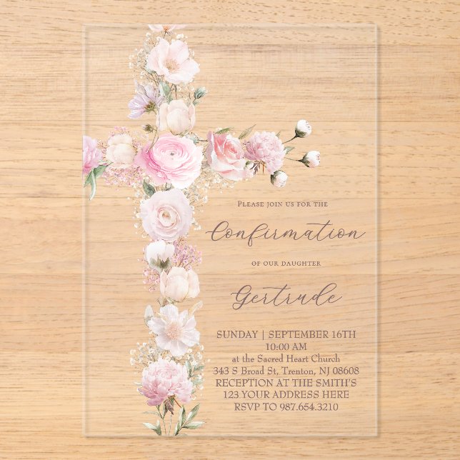 Invitaciones Acrílicas flores rosadas cruz confirmación (Anverso)