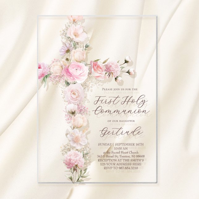 Invitaciones Acrílicas flores rosadas cruz Primera Comunión (Subido por el creador)