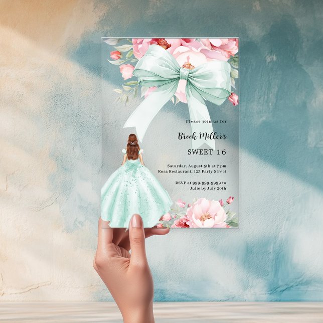 Invitaciones Acrílicas Flores rosadas de arcilla verde vestido transparen (Subido por el creador)