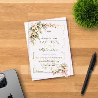 Invitaciones Acrílicas Flores rosadas de lujo con marco de purpurina dora