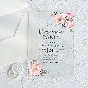 Invitaciones Acrílicas Flores Rosadas de Rubor Dulce Fiesta de Quinceañer
