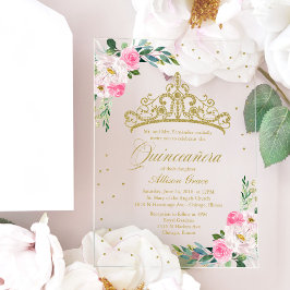 Invitaciones Acrílicas Flores rosadas de Tiara de oro Quinceañera