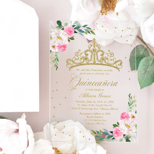 Invitaciones Acrílicas Flores rosadas de Tiara de oro Quinceañera