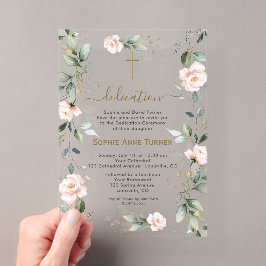Invitaciones Acrílicas Flores rosadas elegantes dedicación de verde dorad