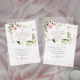 Invitaciones Acrílicas Flores rosadas elegantes marco de oro bautizo de n