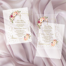 Invitaciones Acrílicas Flores rosadas elegantes, niña, primera comunión e