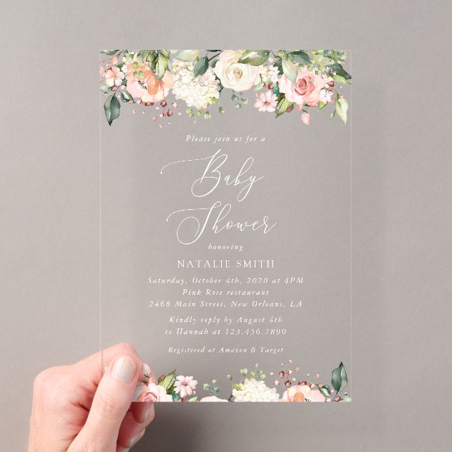 Invitaciones Acrílicas Flores rosadas, flores blancas, Boho, Baby Shower (Insitu (portátil))