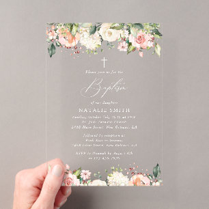 Invitaciones Acrílicas Flores rosadas, flores blancas, boho, bautizo flor