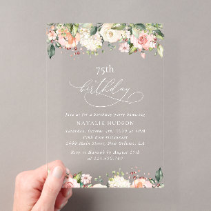Invitaciones Acrílicas Flores rosadas, Flores blancas, Boho, Cumpleaños