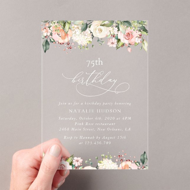 Invitaciones Acrílicas Flores rosadas, Flores blancas, Boho, Cumpleaños (Insitu (portátil))