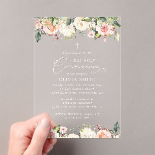 Invitaciones Acrílicas Flores rosadas, flores blancas, primera comunión