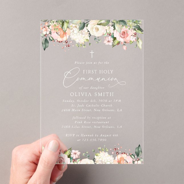 Invitaciones Acrílicas Flores rosadas, flores blancas, primera comunión (Insitu (portátil))