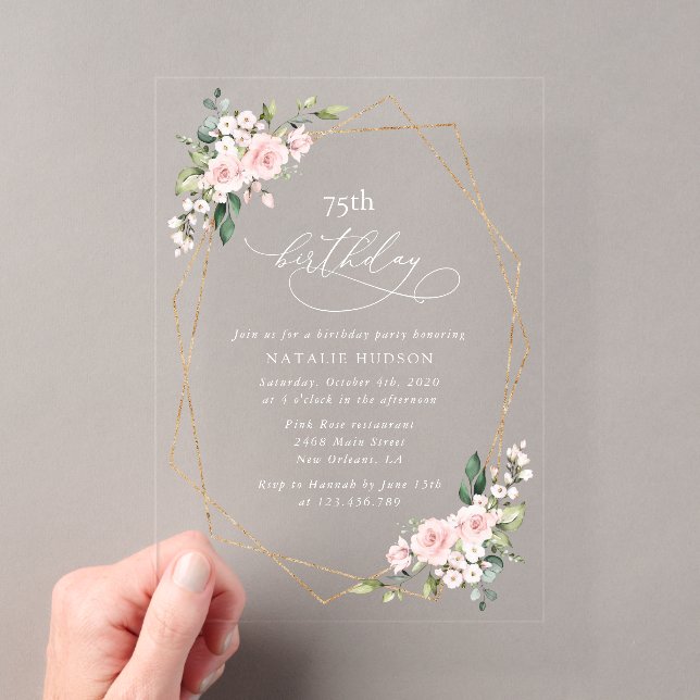 Invitaciones Acrílicas Flores rosadas, flores rosas, Boho, Cumpleaños (Insitu (portátil))