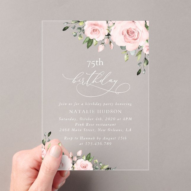 Invitaciones Acrílicas Flores Rosadas, Flores Rosas, Verdor, Cumpleaños (Insitu (portátil))