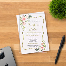 Invitaciones Acrílicas Flores rosadas Gold Spanish Nuestra Boda Caligrafí
