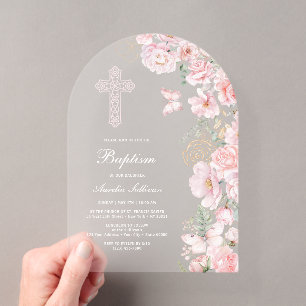 Invitaciones Acrílicas Flores rosadas mariposas arco bautizo