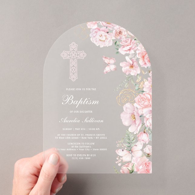 Invitaciones Acrílicas Flores rosadas mariposas arco bautizo (Insitu (portátil))