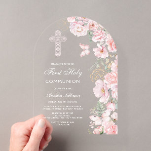 Invitaciones Acrílicas Flores Rosadas Mariposas Arco Primera Comunión