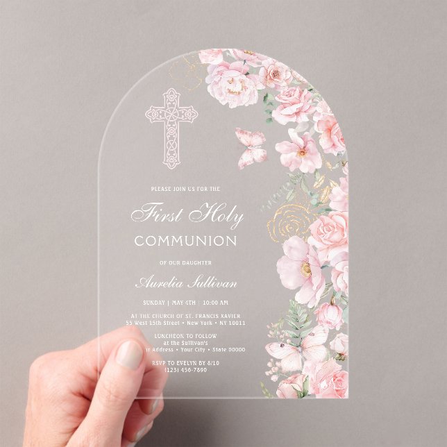 Invitaciones Acrílicas Flores Rosadas Mariposas Arco Primera Comunión (Insitu (portátil))