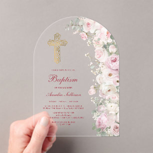 Invitaciones Acrílicas Flores rosadas pálidas Arco Bautizo Claro