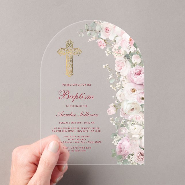 Invitaciones Acrílicas Flores rosadas pálidas Arco Bautizo Claro (Insitu (portátil))