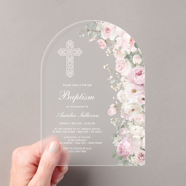 Invitaciones Acrílicas Flores rosadas pálidas Arco de Bautizo Helado (Insitu (portátil))