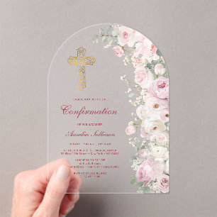 Invitaciones Acrílicas Flores rosadas pálidas Arco de confirmación